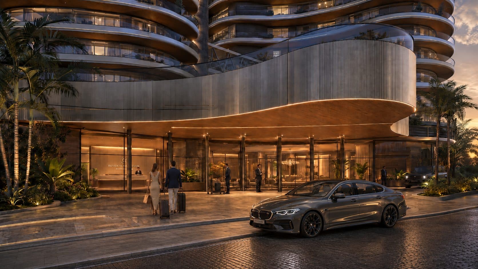 Hotel arrival at dusk